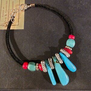 Turquoise & Coral Stone Bracelet with Black Velvet Silver Tone Accents Style I